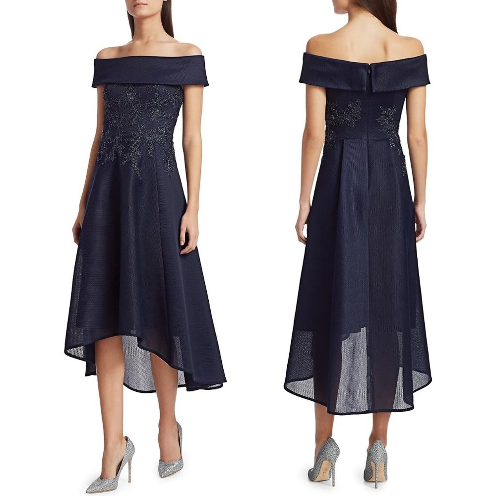 TERI JON Off-The-Shoulder Floral Beaded Lace High-Low Mesh Cocktail Dress